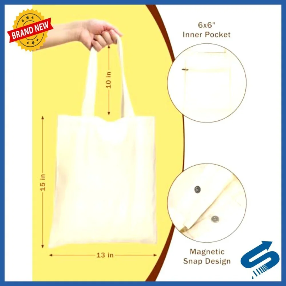 Canvas Tote Bag Bulk Pack with Magnetic Snaps and Inner Pocket DIY Sublimation